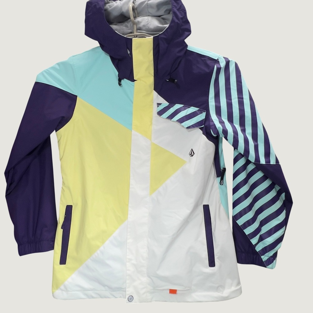 Volcom Snowboarding Jacket Hooded Colorblock Geometric Purple Teal White Yellow